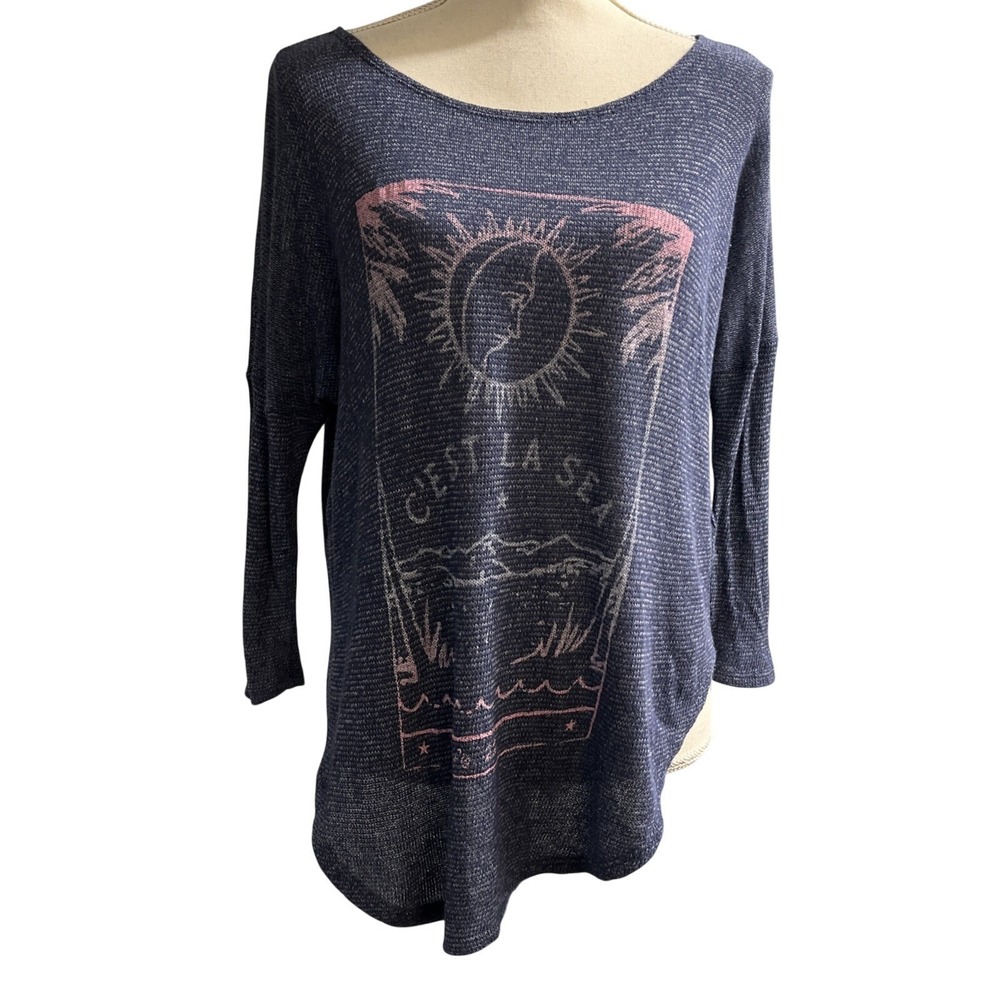 Hollister Top Blue‎ Sheer Knit Summer Sun Print Tunic Size XS/S Beachy Vacation